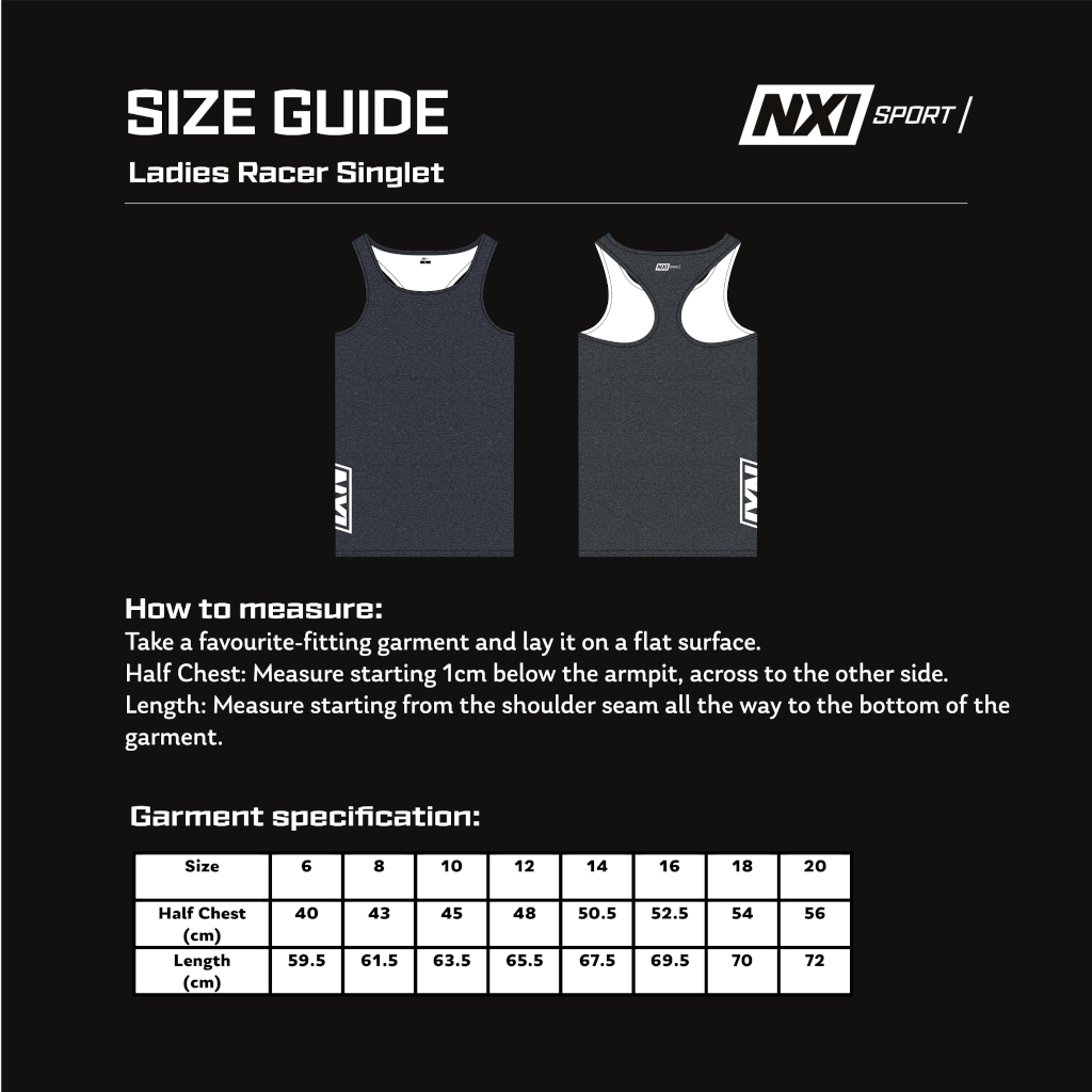 Singlet Racer Ladies Sizing Chart