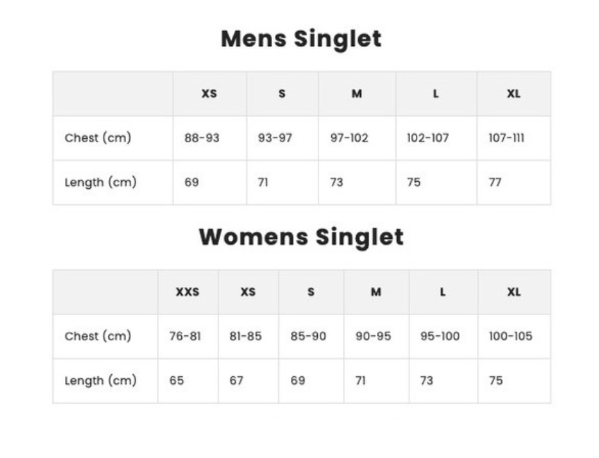 2024 AMF Singlet Size Chart