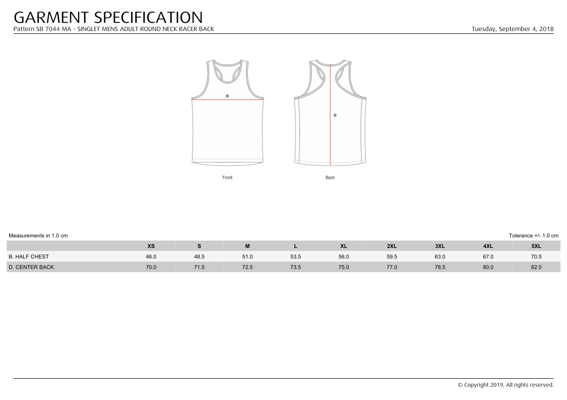 Size Chart Singlet M