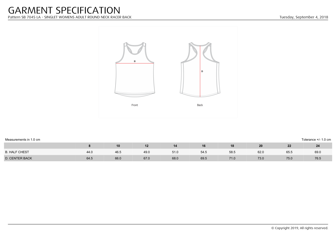 Size Chart Singlet W